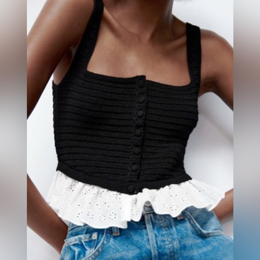 Zara Black Knit Button-Front Camisole with White Eyelet Ruffle